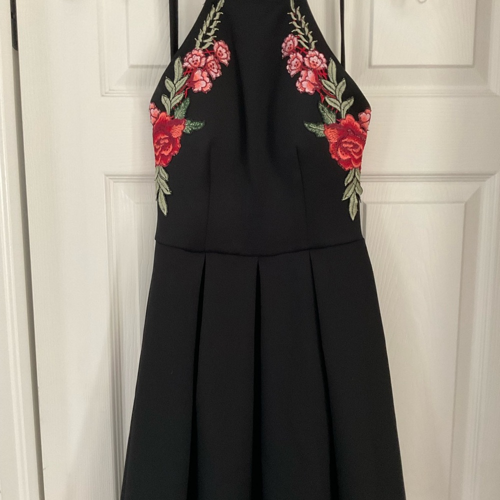 B. Darlin Black Floral Appliqué Fit and Flare Dress